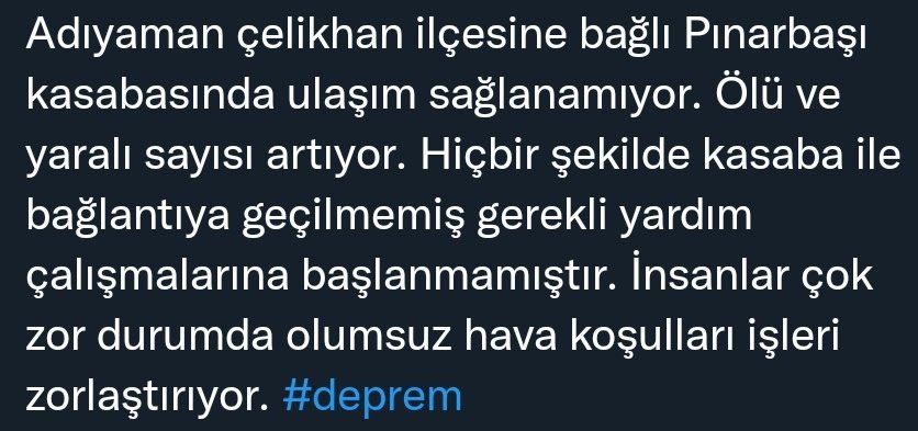 Elif Kazmanlı (@kazmanlielif) on Twitter photo Adıyaman Çelikhan pınarbaşı kasabasına ulaşım sağlanamıyor <a href="/ahbap/">Ahbap</a> <a href="/AFADBaskanlik/">AFAD</a> <a href="/haluklevent/">Haluk Levent ( Ahbap Ekibi )</a> <a href="/AFADAdiyaman/">AFAD Adıyaman🇹🇷</a> @ahbapacil Adıyaman Çelikhan pınarbaşı kasabasına ulaşım sağlanamıyor <a href="/ahbap/">Ahbap</a> <a href="/AFADBaskanlik/">AFAD</a> <a href="/haluklevent/">Haluk Levent ( Ahbap Ekibi )</a> <a href="/AFADAdiyaman/">AFAD Adıyaman🇹🇷</a> @ahbapacil