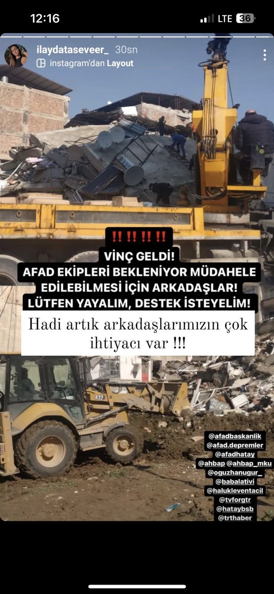 <a href="/keremakturkoglu/">Kerem Aktürkoğlu</a> Arkadaslar lütfen yardim Hatay da
Voleybolcu 4 kizimiz3 gün oldu enkaz altinda, sürekli vinç aradik, simdi vinç var AFAD yok!
Müdahale için AFAD ekibi lazim lütfen buraya bir ekip gönderin.

Hatay Antakya Gündüz. Caddesi Bostan Sokak no 1 Yesilyurt Apt. 

GÖZDE ÖZTÜRK , AHSEN BAŞ