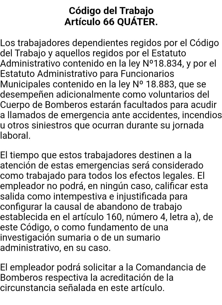 argenathy's tweet photo. @alvarez_monse @ContigoCHV aclarar que es el 66 quáter y no el 66 ter el que alude a los permisos por ser bombero, tambien incluye a algunos funcionarios públicos. Capitulo VII del feriado anual y permisos del Código del trabajo. 
Saludos! https://t.co/myqKZ3LftR