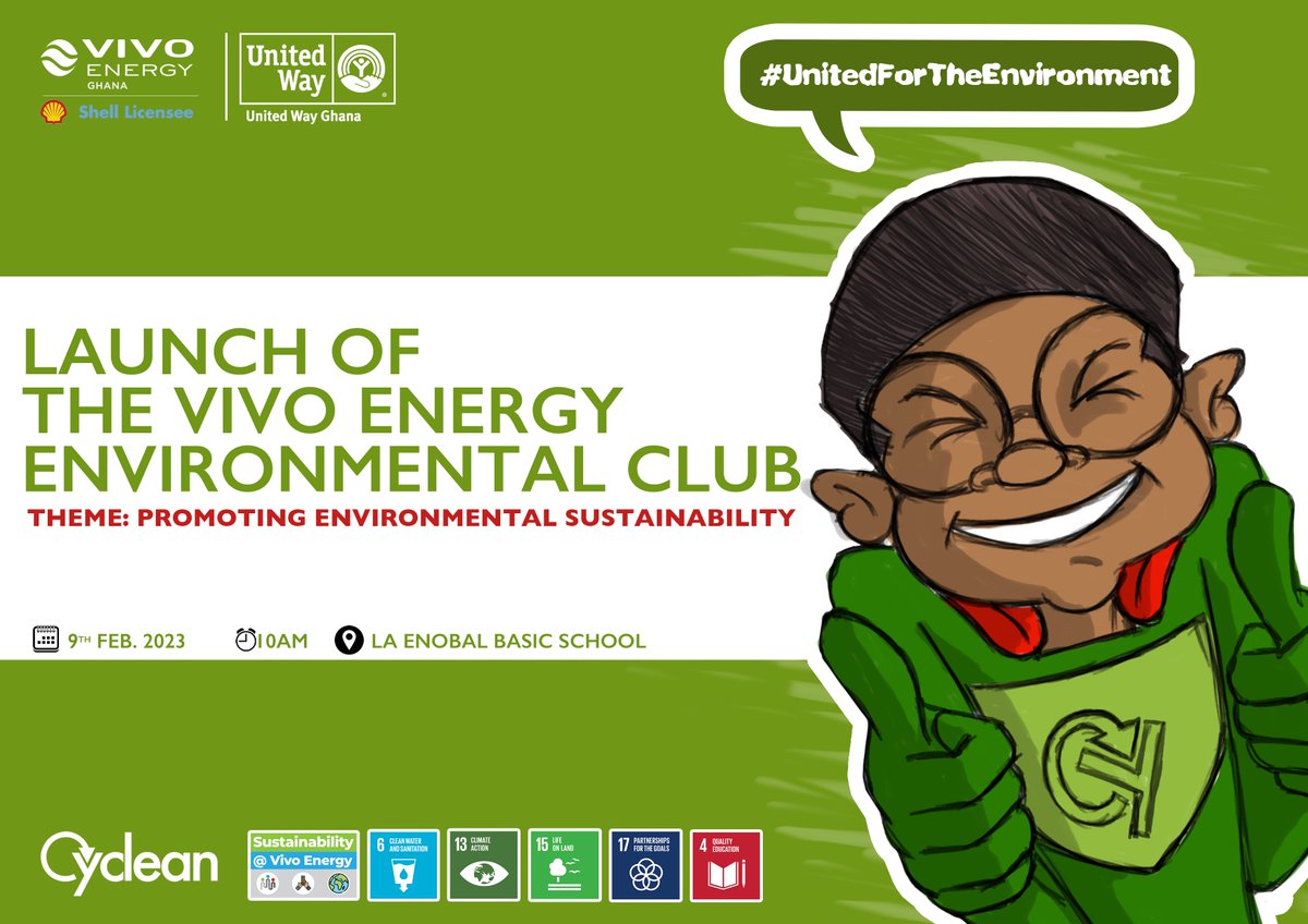 VivoEnergyGhana's tweet photo. We’re excited to announce that, @VivoEnergyGhana in partnership with the @UnitedWayGhana is launching the 'Vivo Energy Ghana Environmental Club' under its umbrella initiative, Cyclean to promote environmental #sustainability in schools.
#UnitedForTheEnvironment https://t.co/bCfgelt8gP