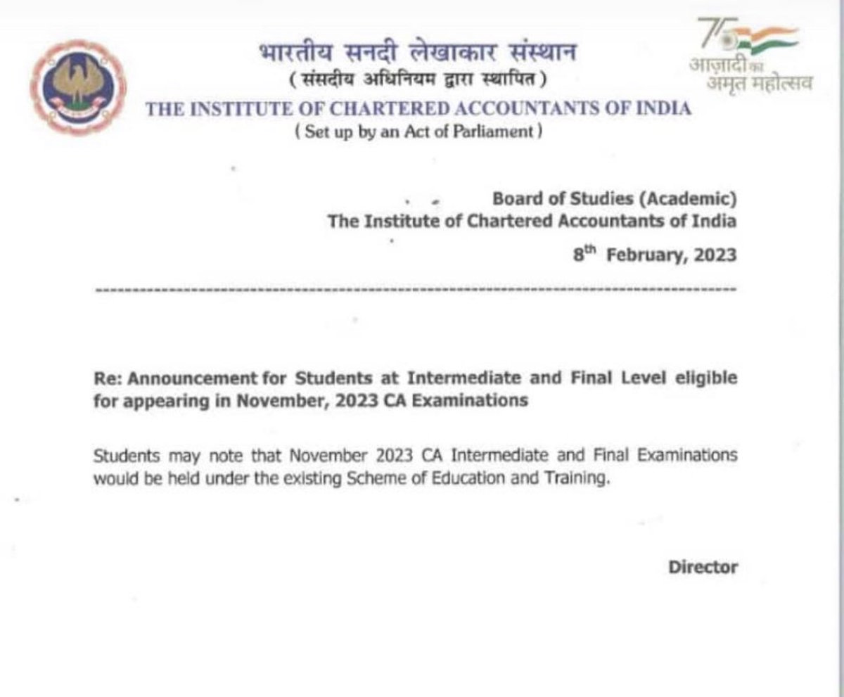 iamcasanjay's tweet photo. Nov 2023 attempt will be in existing schemes. @theicai #icaiexams https://t.co/dg3GM1us6V