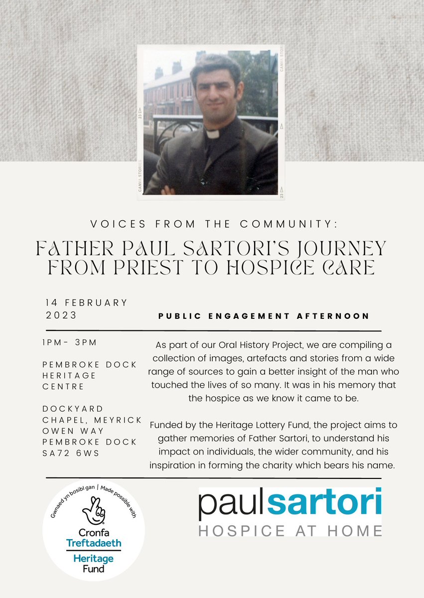 We are holding a public engagement afternoon at The Pembroke Dock Heritage Centre tomorrow (1pm - 3pm)

We aim to gather memories of Father Sartori

Everyone is welcome to join us!

#pembrokeshire #LoveHeritage #HeritageFund #OralHistory #ThanksToThePlayers #SocialHistory