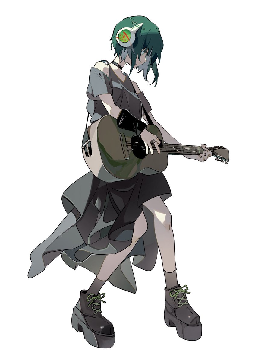 1girl instrument solo green hair headphones holding instrument holding  illustration images
