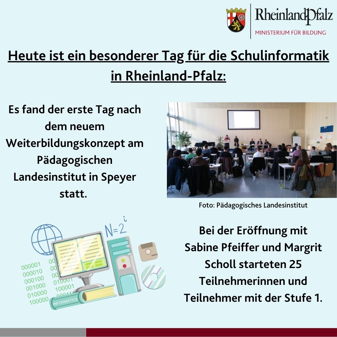 Bildung_RLP's tweet photo. Ein besonderer Tag für die #Schulinformatik in #RLP 👏
Am @pl_rlp in Speyer fand heute der erste Tag nach dem neuen #Weiterbildungskonzept statt 👨💻👩💻
#Informatik #Schule #Bildung #Weiterbildung
@ADD_rlp @rlpNews https://t.co/m4bo0znwkH