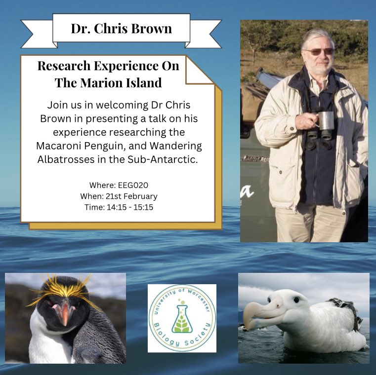 Worc_Biology's tweet photo. We are thrilled to invite Dr Chris Brown to present a talk on his research on Macaroni Penguins and Wandering Abatrosses in the sub-antarctic.
Join us on the 21st Feb at 14:15:15:15 in EEG020
#biology #penguins #university #worcester #uowbiologysociety #research #worcesteruni https://t.co/UY4CEpRkPH