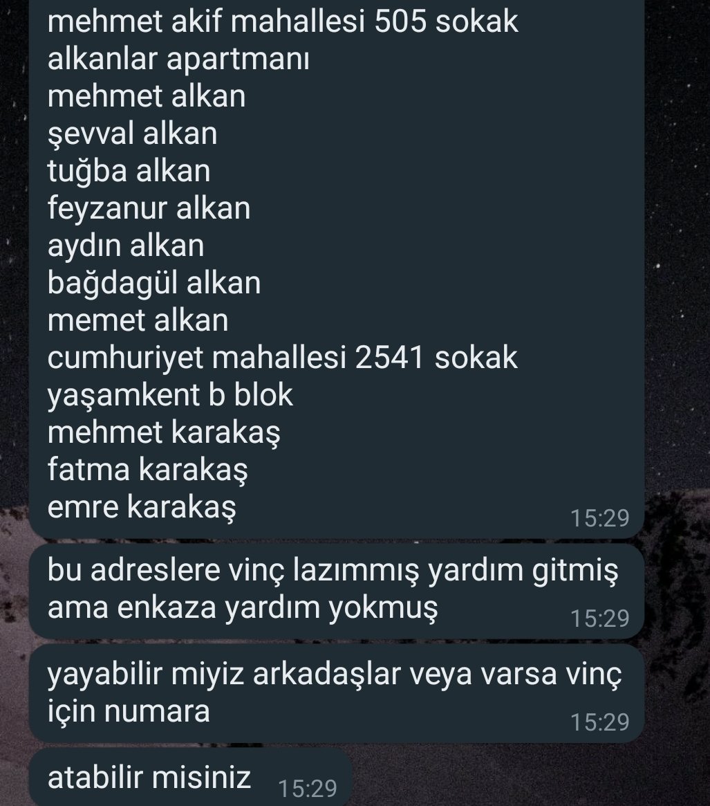 YAYABİLİR MİYİZ ARKADASİMİN AİLESİ ENKAZ ALTİNDA SAATLERDİR VİNC GEREKİYOR DURUM COK ACİL!
<a href="/ahbap/">Ahbap</a> <a href="/BabalaTv/">BaBaLa TV</a> <a href="/OguzhanUgur/">Oğuzhan Uğur</a> <a href="/haluklevent/">Haluk Levent ( Ahbap Ekibi )</a> <a href="/danlabilic/">.</a> <a href="/ProfDemirtas/">Özgür Demirtaş</a> <a href="/AFADAdiyaman/">AFAD Adıyaman🇹🇷</a> <a href="/AFADBaskanlik/">AFAD</a> <a href="/DepremDairesi/">AFAD Deprem</a> 
#AdiyamanYardimBekliyor #adiyamandeprem