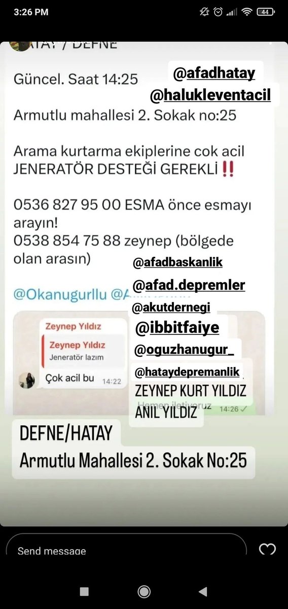 Arkadaşımız Hatay'da 50 küsur saattir göçük altında, ekskavatör bulundu çok acil jeneratör desteği lazım <a href="/AFADTurkiye/">AFAD</a> <a href="/ankarabbld/">Ankara Büyükşehir</a> <a href="/OguzhanUgur/">Oğuzhan Uğur</a> @AKUTASSOCIATION <a href="/ibbitfaiye/">İstanbul İtfaiyesi</a>