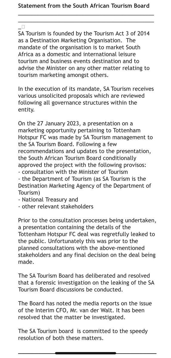 SA Tourism has announced that it’s ordered a forensic investigation - but NOT into the Tottenham Hotspur deal. 

Rather it’s channeling time, money and energy into investigating “the leaking of the SA Tourism Board discussions” about the deal. 

So it can target a whistleblower.