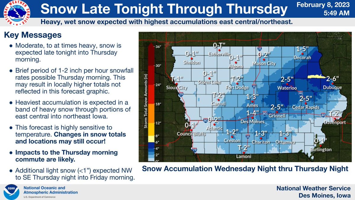 NWSDesMoines's tweet photo. A heavy, wet snow is expected to impact portions of the area with rain transitioning to snow late tonight and moderate, to at times heavy, snow expected into tomorrow AM. Continue to monitor for updates as changes may still occur!  

#iawx https://t.co/VbtBaYCuGr