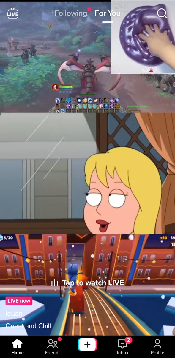 mariusherget's tweet photo. Attention economy on tiktok. Live Gameplay, family guy episode, subway surfer gameplay and a "satisfying" video all in one screen. Live streamed. 2k watching #wtf https://t.co/tiPVKSuEKL