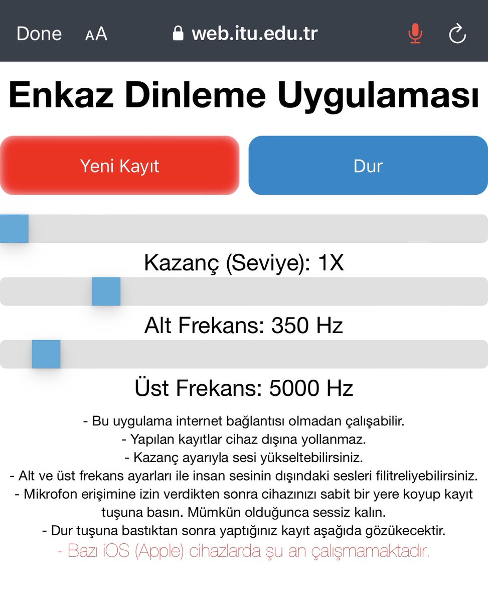 Burak Arıkan TR (@arikantr) on Twitter photo İTÜ’de geliştirilen Enkaz Dinleme Uygulaması:
- sadece insan sesini dinleyebilir
- internet bağlantısı olmadan çalışabilir
- mikrofona izin ver, kayda bas, sessiz kal, kaydı dinle
- Android ve bazı iphone’da çalışır
web.itu.edu.tr/sariero/dinlem…
<a href="/odmanasli/">Aslı Odman</a> <a href="/esesci/">in the sky with diamonds</a> <a href="/haluklevent/">Haluk Levent ( Ahbap Ekibi )</a> İTÜ’de geliştirilen Enkaz Dinleme Uygulaması:
- sadece insan sesini dinleyebilir
- internet bağlantısı olmadan çalışabilir
- mikrofona izin ver, kayda bas, sessiz kal, kaydı dinle
- Android ve bazı iphone’da çalışır
web.itu.edu.tr/sariero/dinlem…
<a href="/odmanasli/">Aslı Odman</a> <a href="/esesci/">in the sky with diamonds</a> <a href="/haluklevent/">Haluk Levent ( Ahbap Ekibi )</a>