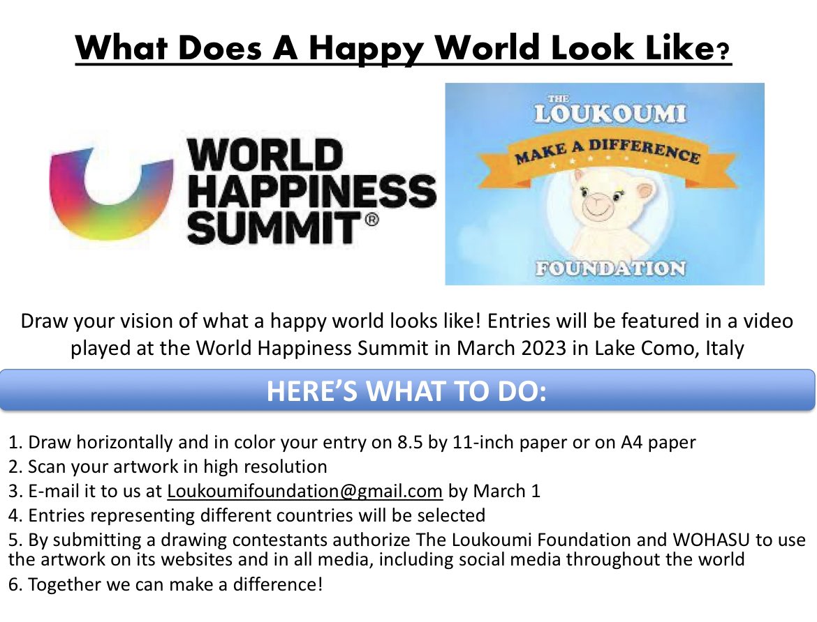 Excited to announce that Loukoumi Foundation President Nick Katsoris &amp; Loukoumi Advisory Board Chair @chefmarialoi have been invited to speak at this year’s World Happiness Summit in Lake Como, Italy. What does a happy world look like to you? Thank you <a href="/WOHASU/">WOHASU® (World Happiness Summit)</a> <a href="/karenguggenheim/">Karen Guggenheim</a>