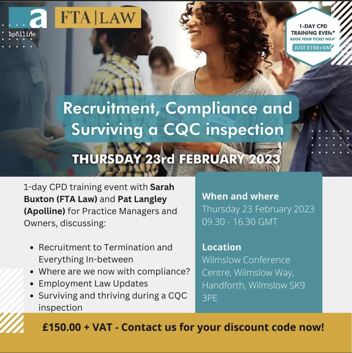 TWO WEEKS TO GO!!

Book your space now on our Compliance and HR event! The event is hosted by FTA Law and Apolline, and will cover Recruitment, Compliance and Surviving a CQC Inspection!

#Apolline #dentalcompliance #ftalaw #dentalspecialists #cqcinspection #dentallawyers