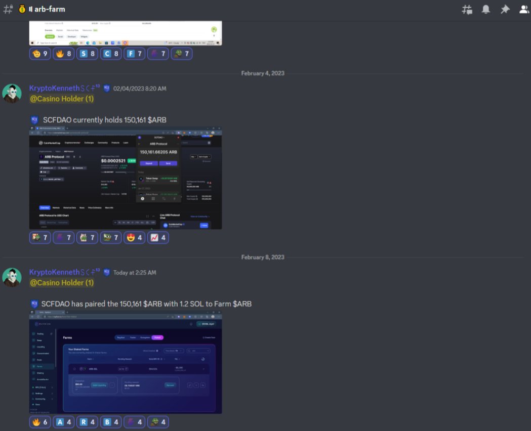 SCF Castle Investments Hall;
Bullish and investing in <a href="/ArbProtocol/">Arb Protocol ♻️</a> 

Current Total Worth of Overall SCF Investments to SCFDAO is around 120 $SOL.
#TogetherWeAreStronger