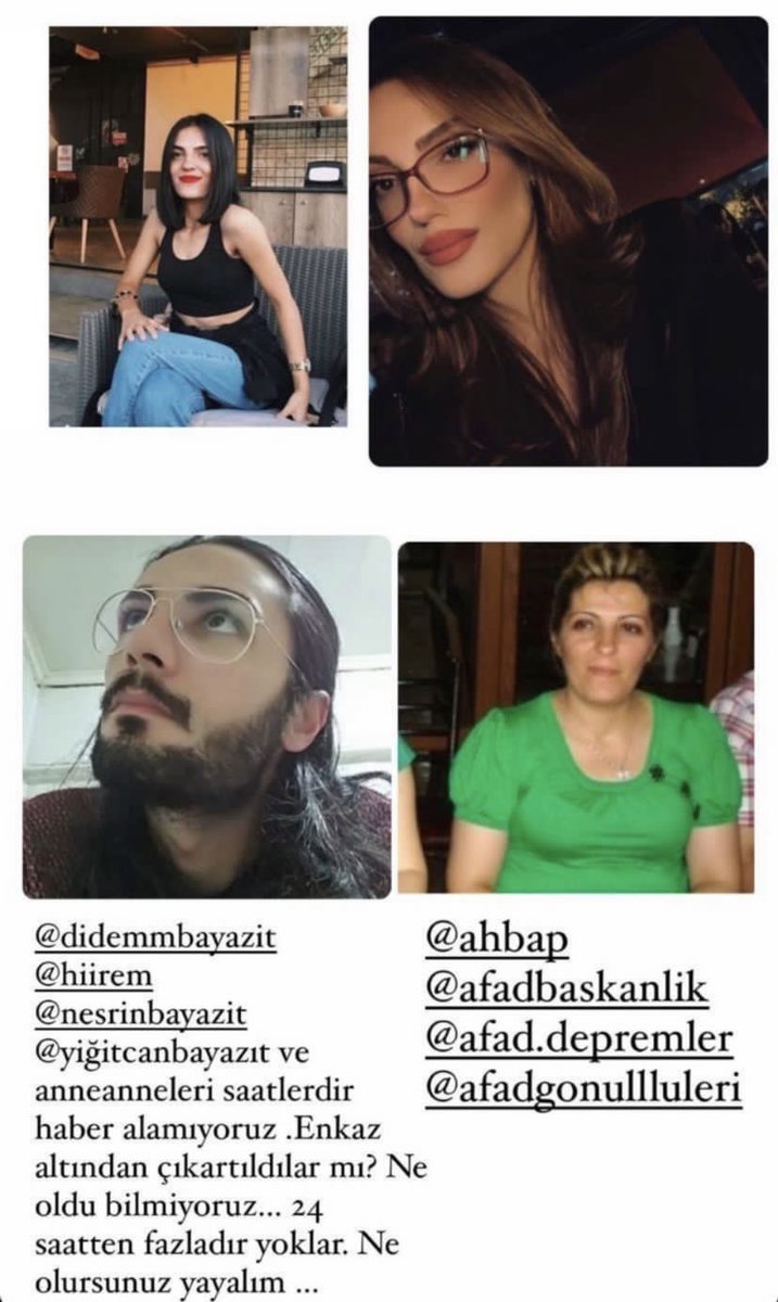 Listenary's tweet photo. Hamidiye sitesi yanı Proton apartmanı, Kahramanmaraş
Hatice İrem Bayazıt
Didem Bayazıt
Nesrin Bayazıt
Yiğitcan Bayazıt
saatlerdir haber alamıyoruz, ACİL YARDIM
İletişim: 0 538 012 83 67
0 539 525 28 26 https://t.co/KBrrfgmH1z