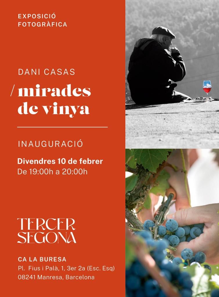 EXPO DANI CASAS 📸

Aquest 10 de febrer, de 19h a 20h, inaugurem la nova exposició de fotografia que tindrem al Tercer Segona. 

En aquest cas es tracta de l'exposició "Mirades de vinya" del manresà Dani Casas (<a href="/vicidevi/">vicidevi</a>), un apassionat del món del vi i tot el que l'envolta.
