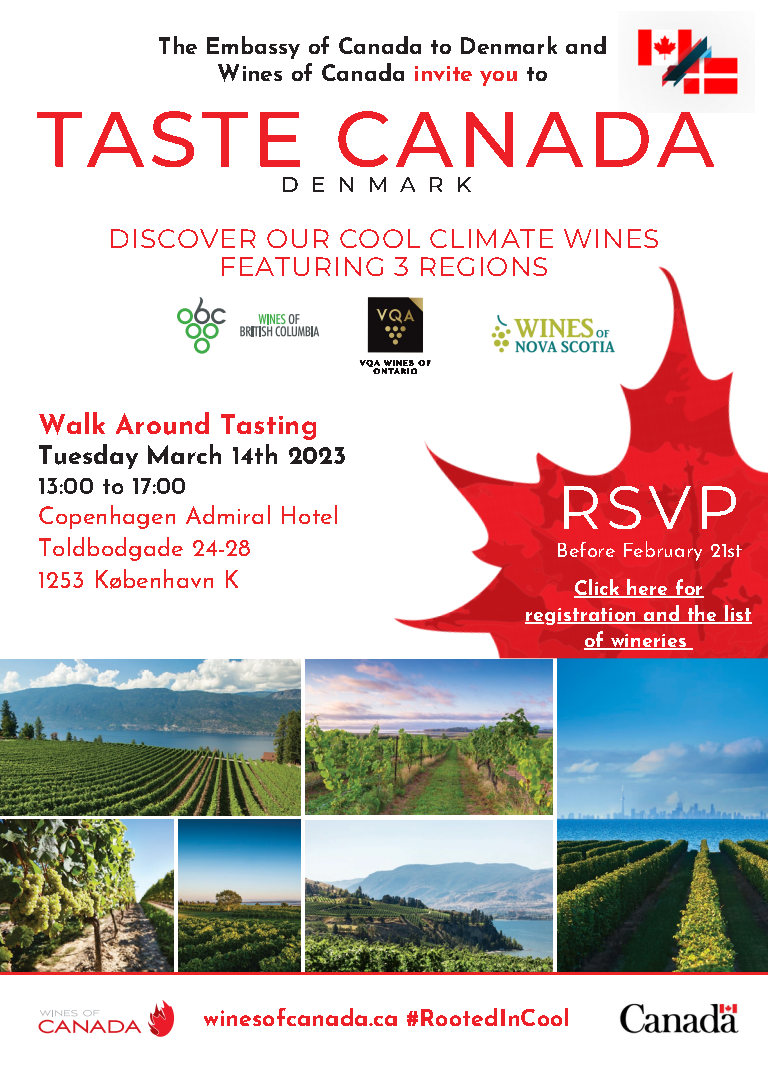 Hej Danish #wine trade + media. Join us at Taste #Canada #Denmark on March 14 to taste + meet more than 20 Canadian wineries pouring almost 150 wines from British Columbia, Nova Scotia and Ontario.
More information on wineries + to register here: lnkd.in/gCf-abQJ