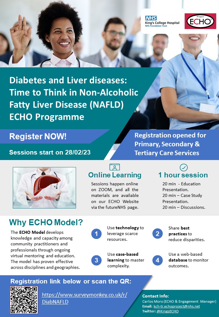 Diabetes and Liver diseases: Time to think in Non-Alcoholic Fatty Liver Disease (NAFLD) ECHO Programme. Registration opened for primary, secondary and tertiary care. Register here: surveymonkey.co.uk/r/DiabNAFLD <a href="/mbwhyte1/">Martin B Whyte</a> <a href="/guerravelozMF/">MARIA GUERRA VELOZ</a> <a href="/saimaajazshah/">saima ajaz</a> #KingsECHO #diabetes #Hepatology