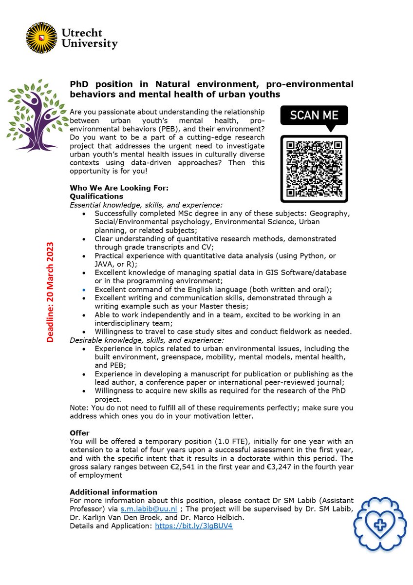S.M. Labib (@smlabib) on Twitter photo 🚨Job Alert🚨4-year PhD position!
Project: Investigating the relationship between nature contact, mental health & pro-environmental behavior
#PhD #GIS #Python #rstats
With: <a href="/DrKarlijn/">Dr Karlijn van de Broek</a>; <a href="/HelbichMarco/">Marco Helbich</a>; at: <a href="/SGPL_UU/">Human Geography and Spatial Planning UU</a>
Deadline: 20.03.2023
Apply: bit.ly/3lgBUV4
Pls RT! 🚨Job Alert🚨4-year PhD position!
Project: Investigating the relationship between nature contact, mental health & pro-environmental behavior
#PhD #GIS #Python #rstats
With: <a href="/DrKarlijn/">Dr Karlijn van de Broek</a>; <a href="/HelbichMarco/">Marco Helbich</a>; at: <a href="/SGPL_UU/">Human Geography and Spatial Planning UU</a>
Deadline: 20.03.2023
Apply: bit.ly/3lgBUV4
Pls RT!