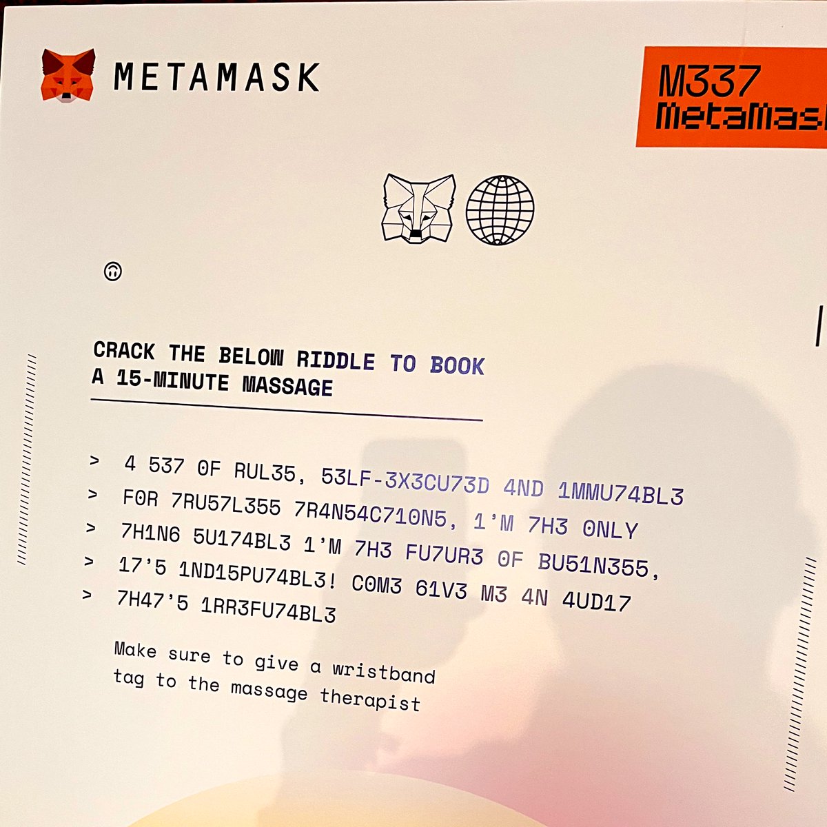 ijhammer's tweet photo. Free massages at the #ethtlv @MetaMask event.
Just need to answer a riddle. Love the marketing scheme/forcing you to engage with the product. #marketing #swag https://t.co/sd5t90ct48