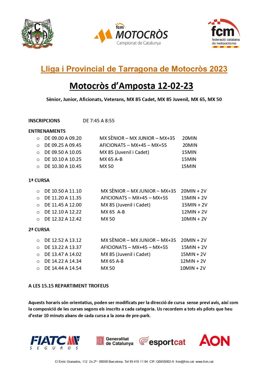 🕑 Horaris de la Lliga Catalana i Provincial de Tarragona de Motocròs al circuit d'Amposta.