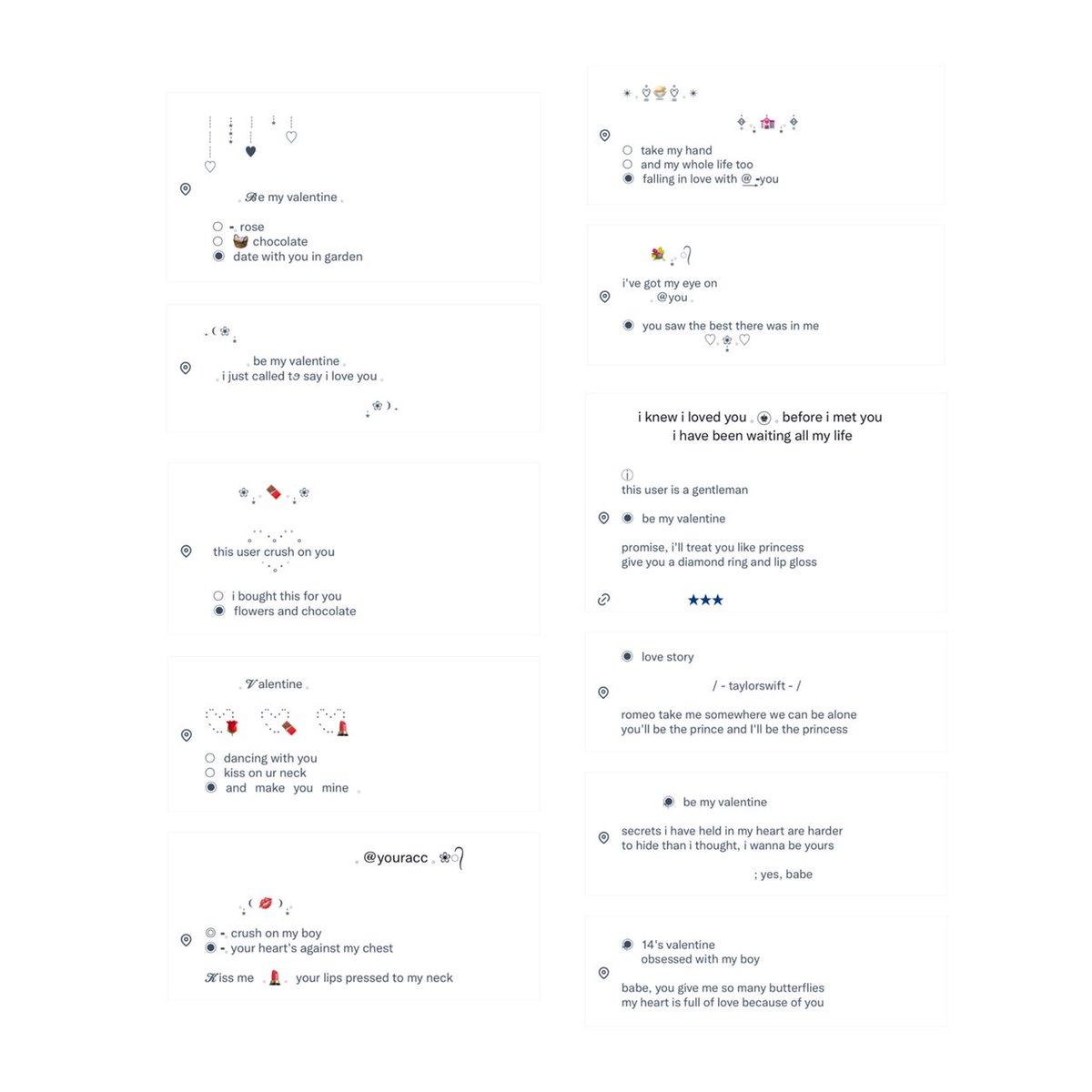 ⠀⠀⠀⠀⠀⠀𓈒 will you be my val♡ntine ? 𓈒

⠀❀╺𓈒 price : 10 bath for all ( 29 form )
⠀❀╺𓈒 set form bio twt + bio ig + location +
⠀⠀⠀⠀link + form pin
⠀❀╺𓈒 mention now - close