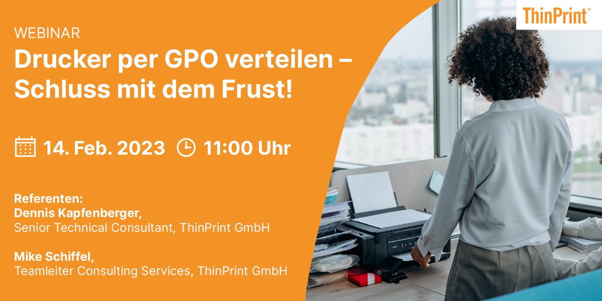 ThinPrint's tweet image. In unserem Webinar „Drucker per GPO verteilen – Schluss mit dem Frust!“ werfen wir einen Blick auf die Möglichkeiten und die Nachteile der Druckerzuweisung über Gruppenrichtlinien und stellen dir Alternativen vor.  Jetzt anmelden! ezeep.io/3x8ucyQ! #GPO #webinar #drucken