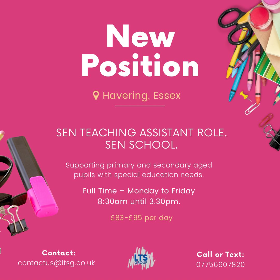 New #Position ✨

SEN #Teaching Assistant Role.
SEN School.

Havering, Essex📍 

Supporting primary and secondary aged pupils with special education needs. 

Salary £83-£95 per day. 

Apply today! 

“Your Career. Their Future” 

📧 contactus@ltsg.co.uk
🌍 ltsg.co.uk