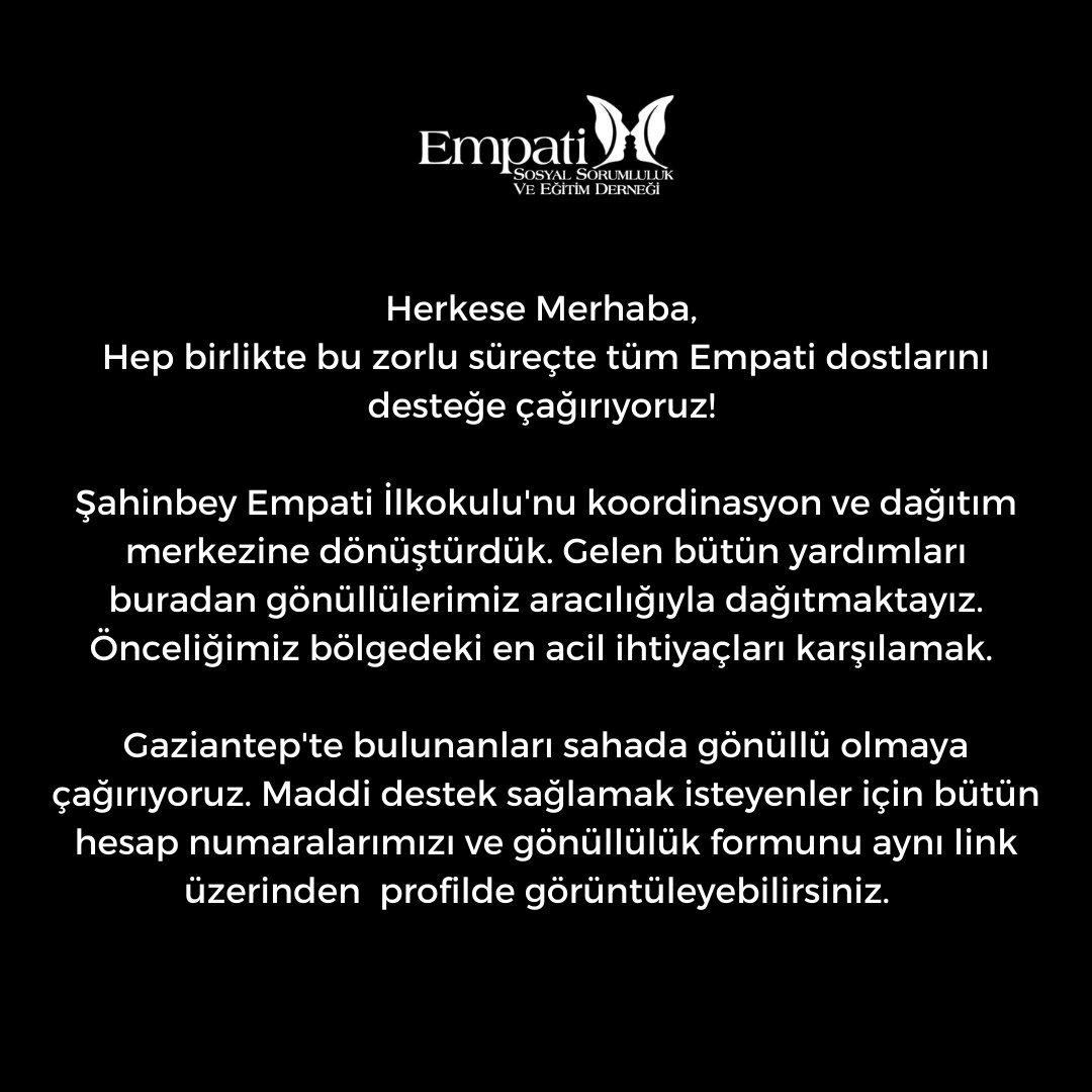 Sevgili Empati Dostları,
Depremin yaralarını hep birlikte saracağız. Destek veren herkese ve tüm gönüllülerimize teşekkür ederiz.
Bütün banka hesaplarımıza link üzerinden ulaşabilirsiniz.
linktr.ee/empatidernegi

#gaziantepdeprem 
#empatidernegi
#deprem
#turkiyedeprem