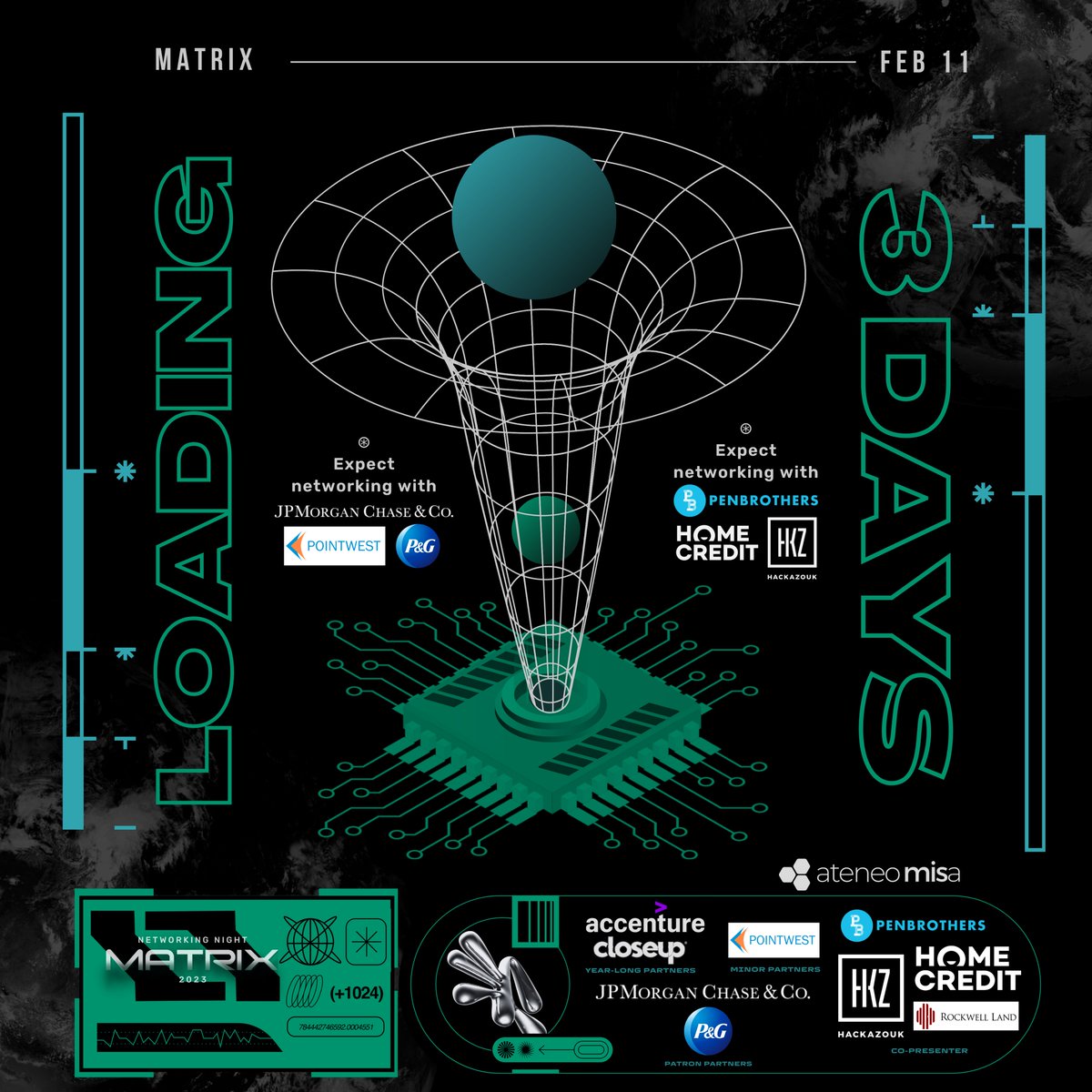AteneoMISA's tweet photo. The countdown for Networking Night 2023: Matrix begins!  ✨ 

There’s only 3 DAYS OF LEFT before we head into the Matrix to meet with the MIS community! Headed in the Ubuntu Space, Areté, Ateneo de Manila University this February 11, 2023, 6:00pm - 10:00 pm. 🤖 https://t.co/PdPgdER8V2