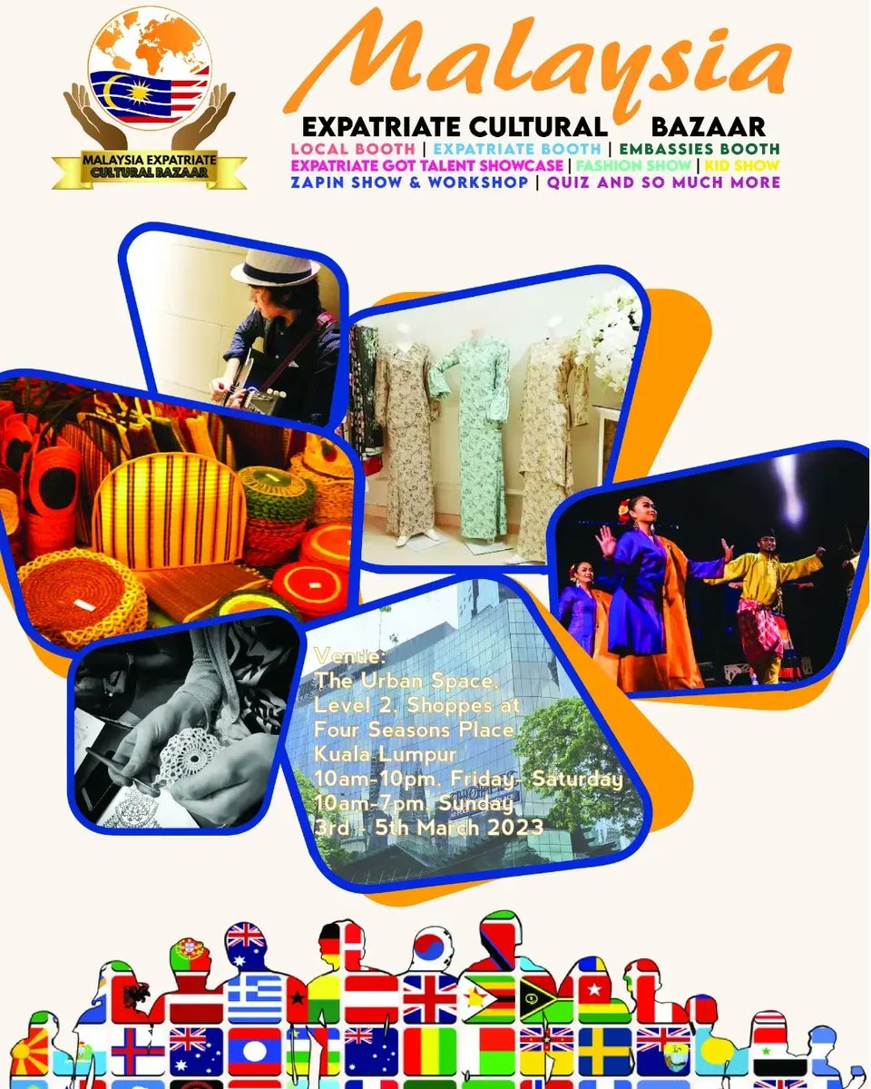 artmarketmy's tweet photo. Malaysia Expatriate Cultural Bazaar will take place on 3rd - 5th March 2023 at The Urban Space Shoppes at Four Seasons Place Kuala Lumpur.

16 booths offered for local &amp; expatriate.
Products such as #food #craft #jewelry #beads #batik #kurung #art will be showcased and sold there https://t.co/VAWxNy7zfW