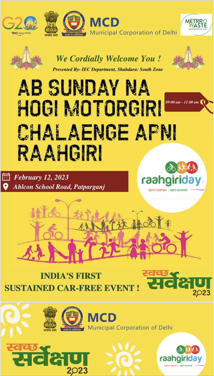 We are having a raahgiri event on 12th in Mayur Vihar phase 1, spreading awareness about the single use plastic and waste segregation. Hoping to see you there! @SBM_MCD @SBM_MCD @GyaneshBharti1