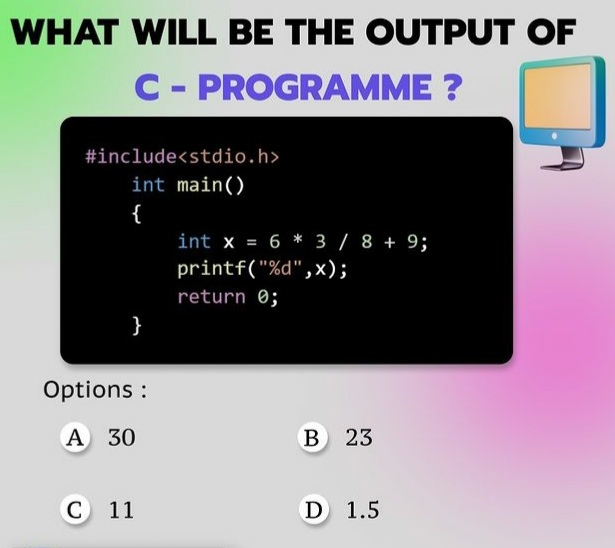 computerpado's tweet image. 🎯 Quiz Challange
.
👉 What Will Be The Output Of C Program ?
.
.
✅ Follow @computerpado 
.
.
.
#cprogram #quiz #programming #computerscience #technology #computer #computerengineering #computerpado #computerprogramming #computerscience