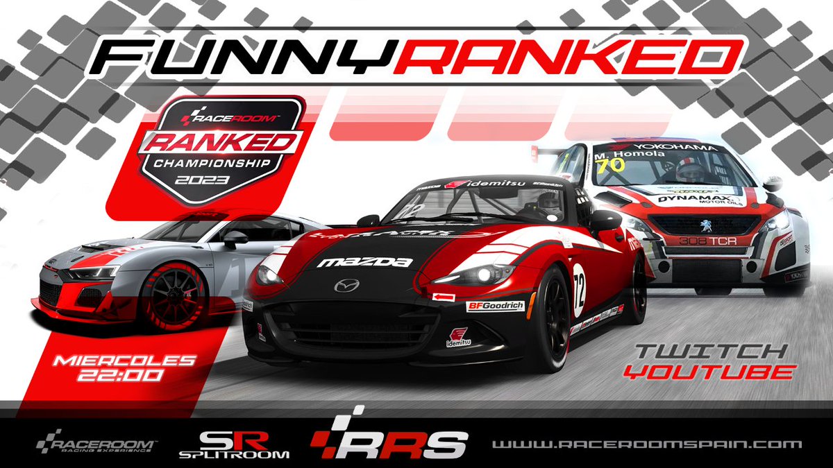 RaceroomSpain's tweet photo. 🏆 FUNNY RANKED 🏁

MIÉRCOLES a las 22:00h.

🏎️ 2 CARRERAS con la RANKED elegida semanalmente. 2ª con parrilla invertida
📈 CLASIFICACIÓN por pilotos de los 6 mejores resultados de 12
🎦 Directos en TWITCH
✍️ REGISTRO en https://t.co/93N8WNA6HV

@raceroom @KW_DevStudio #raceroom https://t.co/NfNfDSgMBa
