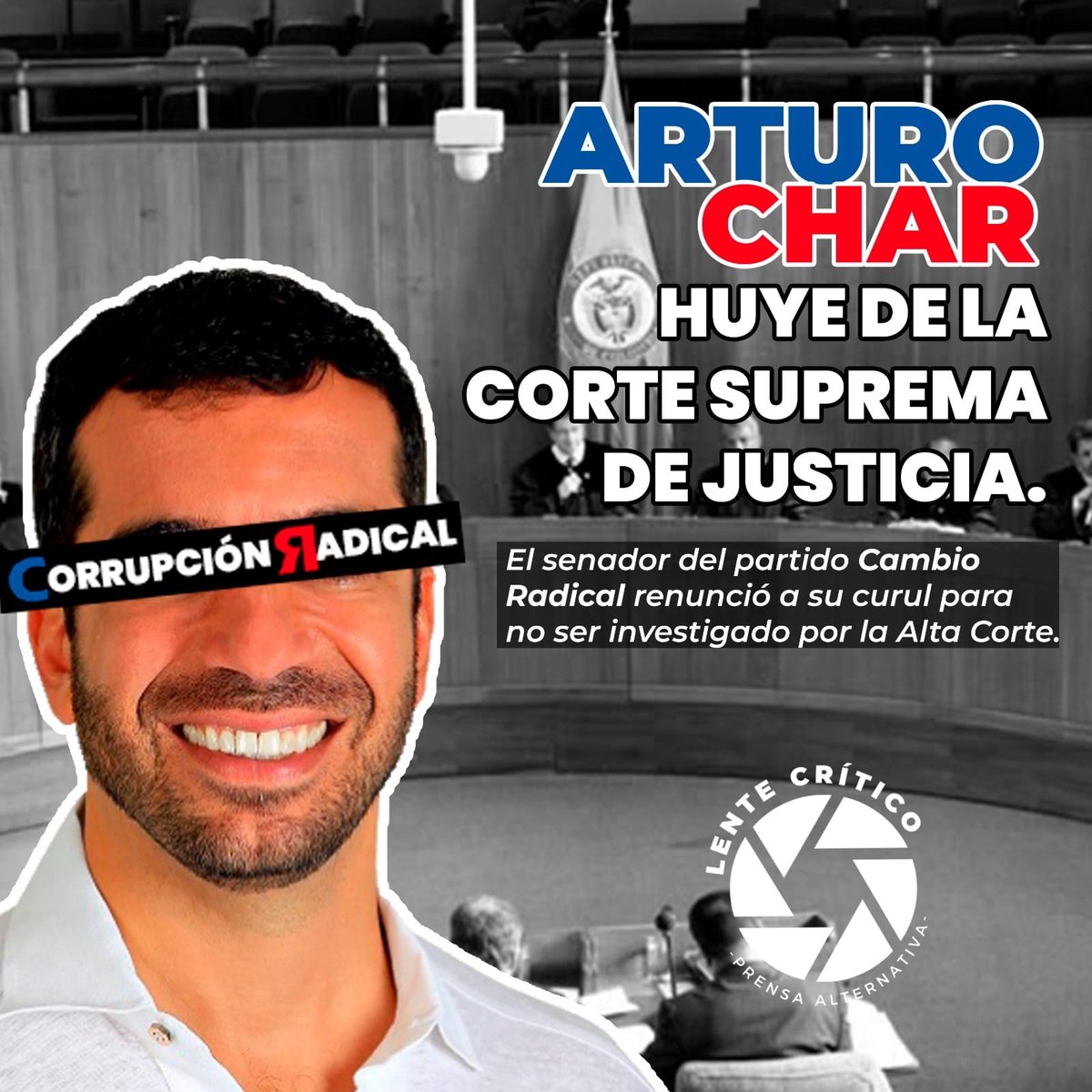CriticoLente's tweet photo. Arturo Char llamado a indagatoria por la Corte Suprema, renuncia al Congreso para huir despavorido y evadir la justicia, buscando impunidad con el fiscal Barbosa.
Están cayendo de a poco y cada vez el Clan Char pierde terreno político.
Pronto se les acabará la impunidad. https://t.co/NQaElNwhj8