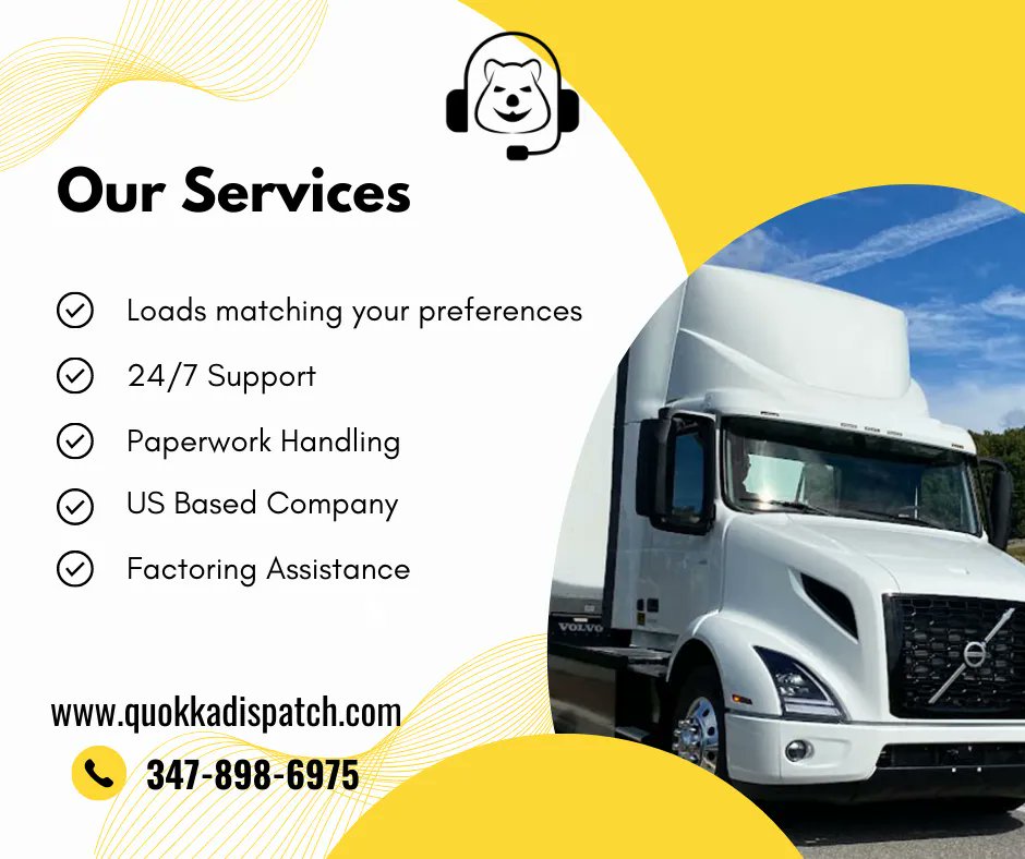 Contact us for more information.
347-898-6975
CONTACT@QUOKKADISPATCH.COM
quokkadispatch.com

#quokkadispatch #independenttruckdispatcher #dispatchtomakeyousmile #dispatchservices #Owneroperator #truckdispatching #truck #truckdriver #truckowner #trucking #freight