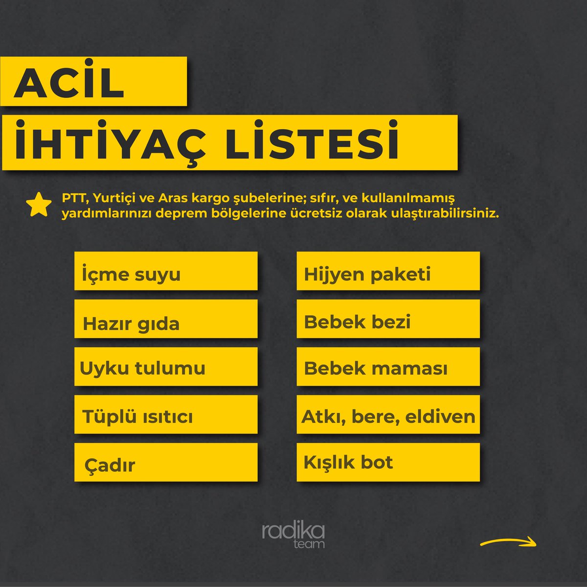 radikasocial's tweet photo. Deprem bölgesine yardımda bulunmak için resmi kanalların açıkladığı acil ihtiyaç listesindeki ürünleri toplama alanlarına ulaştırabilirsiniz. 🙏🏻 https://t.co/8Di4bTp6XG