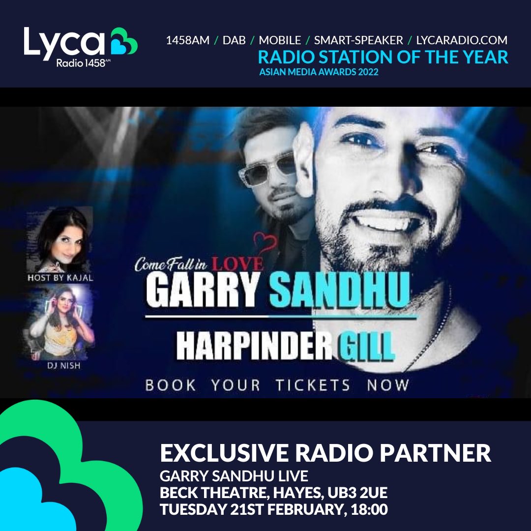 LycaRadio1458's tweet photo. ππ Lyca Radio
Lyca Radio are exclusive radio partners for the Garry Sandhu concert on the 21st Feb at the Beck Theatre in Hayes
For tickets contact https://t.co/Hqo3tuafQd
#LycaRadio #TeamLycaRadio #GarrySandhu #ShowcaseEntertainment #HauliHauli #Laddu #Fresh @TheRealKajal https://t.co/jHYZducRP1