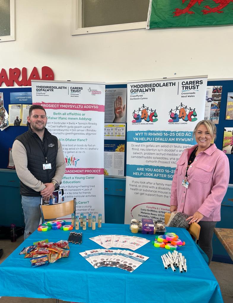 Today our Education Engagement worker's, Rhys &amp; Justine are at @ColegSirGar Pibwrlwyd campus for the Wellbeing Roadshow come over and say hi #youngcarers #education #wellbeing #college
