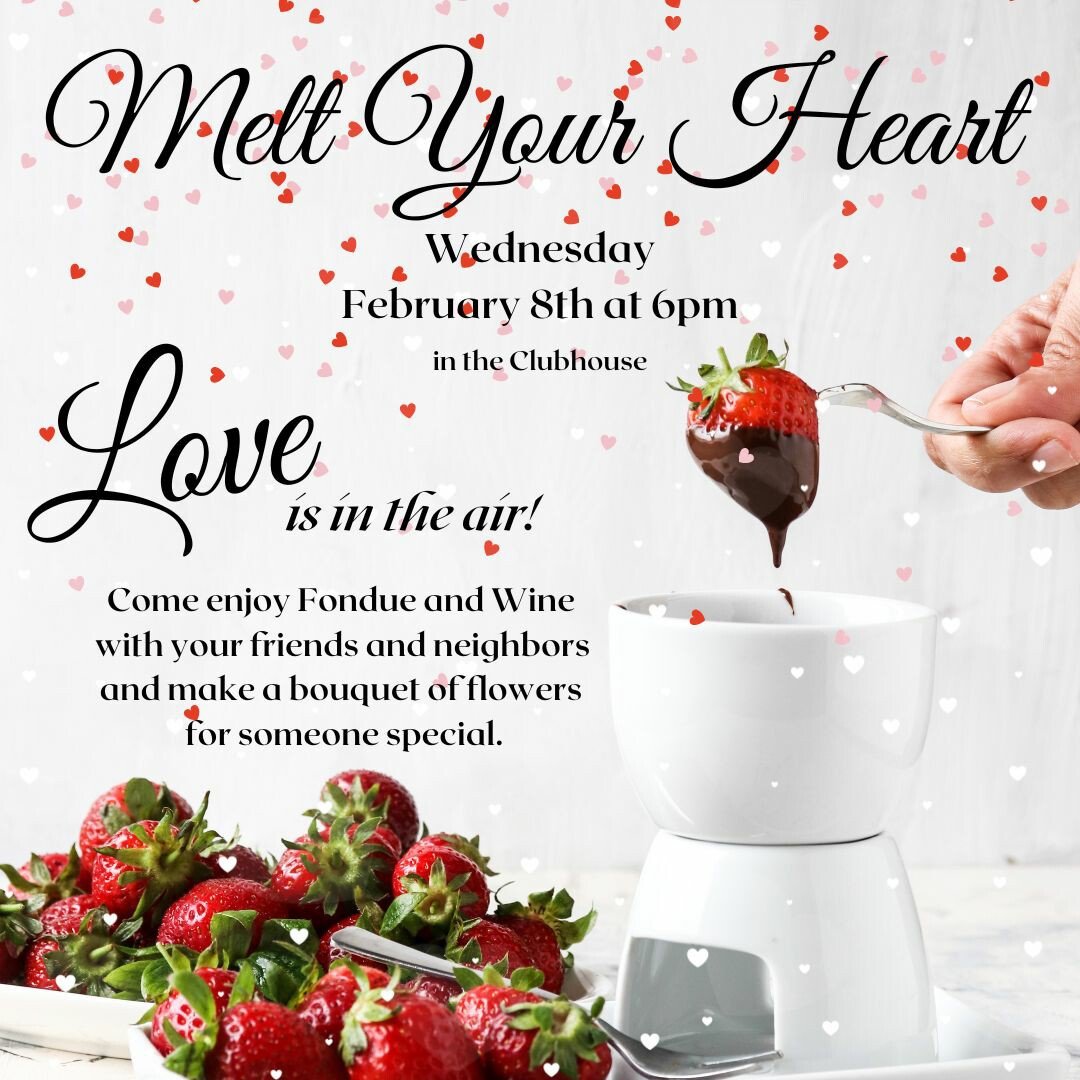 Melt your heart tonight at 6 PM in the Clubhouse!

#LoveWhereYouLive #WeLoveOurResidents #Charleston #February #Community #ResidentEvents #LuxuryRentals #Wharf #AptLife #Fondue #Flowers #ValentinesDay