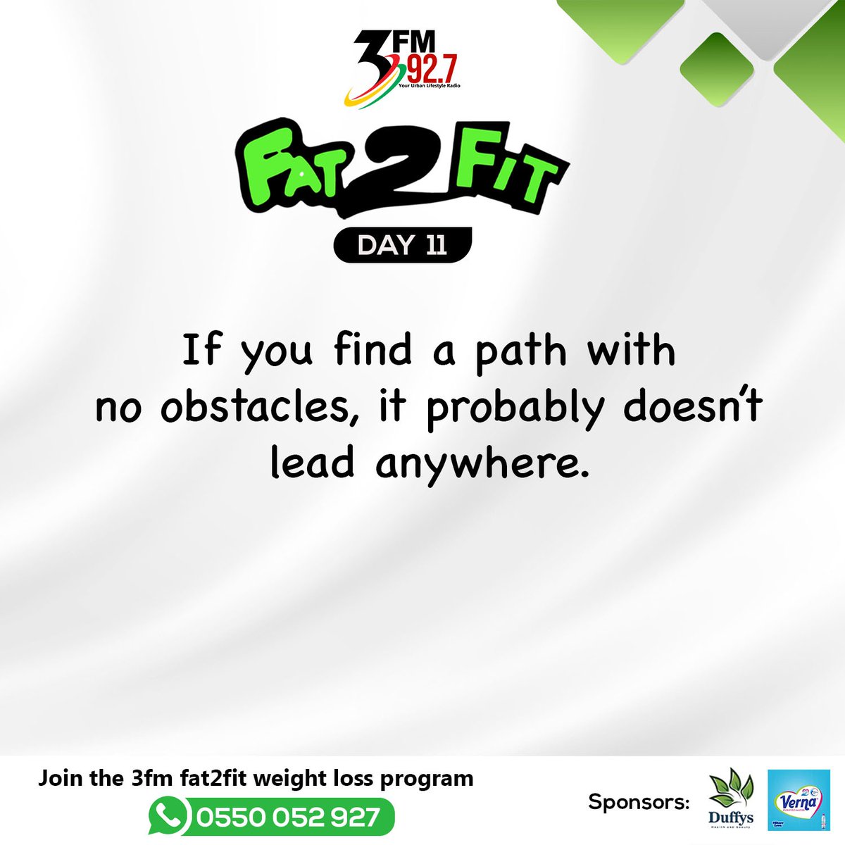 Fat2FitGh's tweet photo. Yess!
The greater the obstacle, the more glory in overcoming it, obstacles don't have to stop you, figure out how to work it and beat it! It's the 11th day of #3fmfat2fit60dayschallenge, season 9!!
Registrations are still ongoing, call or Whatsapp 0550052927 to register! @3fm927 https://t.co/QfSlRsBtQD