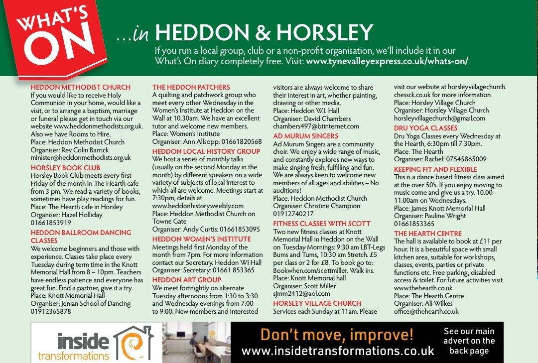 See What's On in Heddon and Horsley. 

#whatson #supportinglocalbusinesses #localbusiness