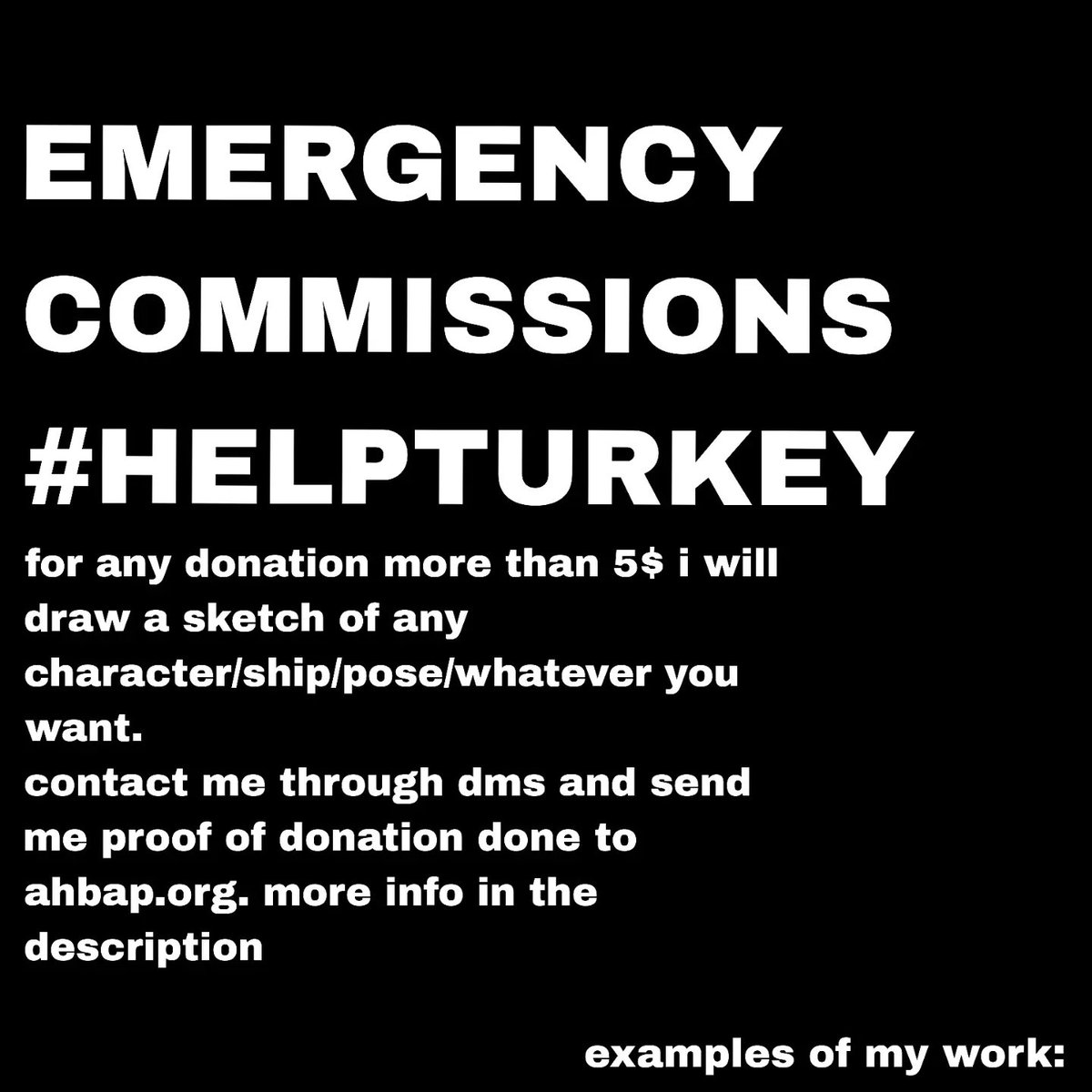 pandawfull's tweet photo. EMERGENCY COMMISSIONS FOR TURKEY, PAYMENT THROUGH DONATION
i will accept donations made to ahbap, through either hasanabi's donation link or ahbap's website. i won't draw anything without proof of donation. contact me through dm to get more information. donation links below: https://t.co/aOv1UO8Flf