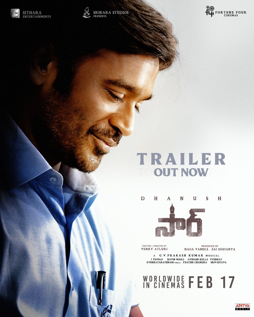 Yuvraj (@dopyuvraj) on Twitter photo The wait is over! π₯
Here's the official trailer of #Vaathi / #SIRMovie
Tamil βΆοΈ youtu.be/FOEtbqbwS50
Telugu βΆοΈ youtu.be/RAu5HSOGvSw
<a href="/dhanushkraja/">Dhanush</a> #VenkyAtluri <a href="/iamsamyuktha_/">Samyuktha</a> <a href="/gvprakash/">G.V.Prakash Kumar</a> <a href="/dopyuvraj/">Yuvraj</a> <a href="/NavinNooli/">Navin Nooli</a> <a href="/vamsi84/">Naga Vamsi</a> <a href="/adityamusic/">Aditya Music</a> <a href="/SitharaEnts/">Sithara Entertainments</a> <a href="/7screenstudio/">Seven Screen Studio</a> The wait is over! π₯
Here's the official trailer of #Vaathi / #SIRMovie
Tamil βΆοΈ youtu.be/FOEtbqbwS50
Telugu βΆοΈ youtu.be/RAu5HSOGvSw
<a href="/dhanushkraja/">Dhanush</a> #VenkyAtluri <a href="/iamsamyuktha_/">Samyuktha</a> <a href="/gvprakash/">G.V.Prakash Kumar</a> <a href="/dopyuvraj/">Yuvraj</a> <a href="/NavinNooli/">Navin Nooli</a> <a href="/vamsi84/">Naga Vamsi</a> <a href="/adityamusic/">Aditya Music</a> <a href="/SitharaEnts/">Sithara Entertainments</a> <a href="/7screenstudio/">Seven Screen Studio</a>