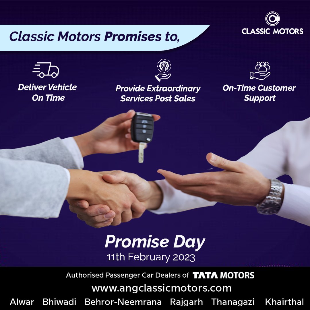 This #promiseday, we promise to deliver the best services.
#classicmotors #tatamotors #tatamotorscars #tatacars #promise #promiseday2023 #valentinesweek #services #bestservices #spareparts #tatamotorspareparts #customerservices #vehicledelivery #postsalesservices #customersupport