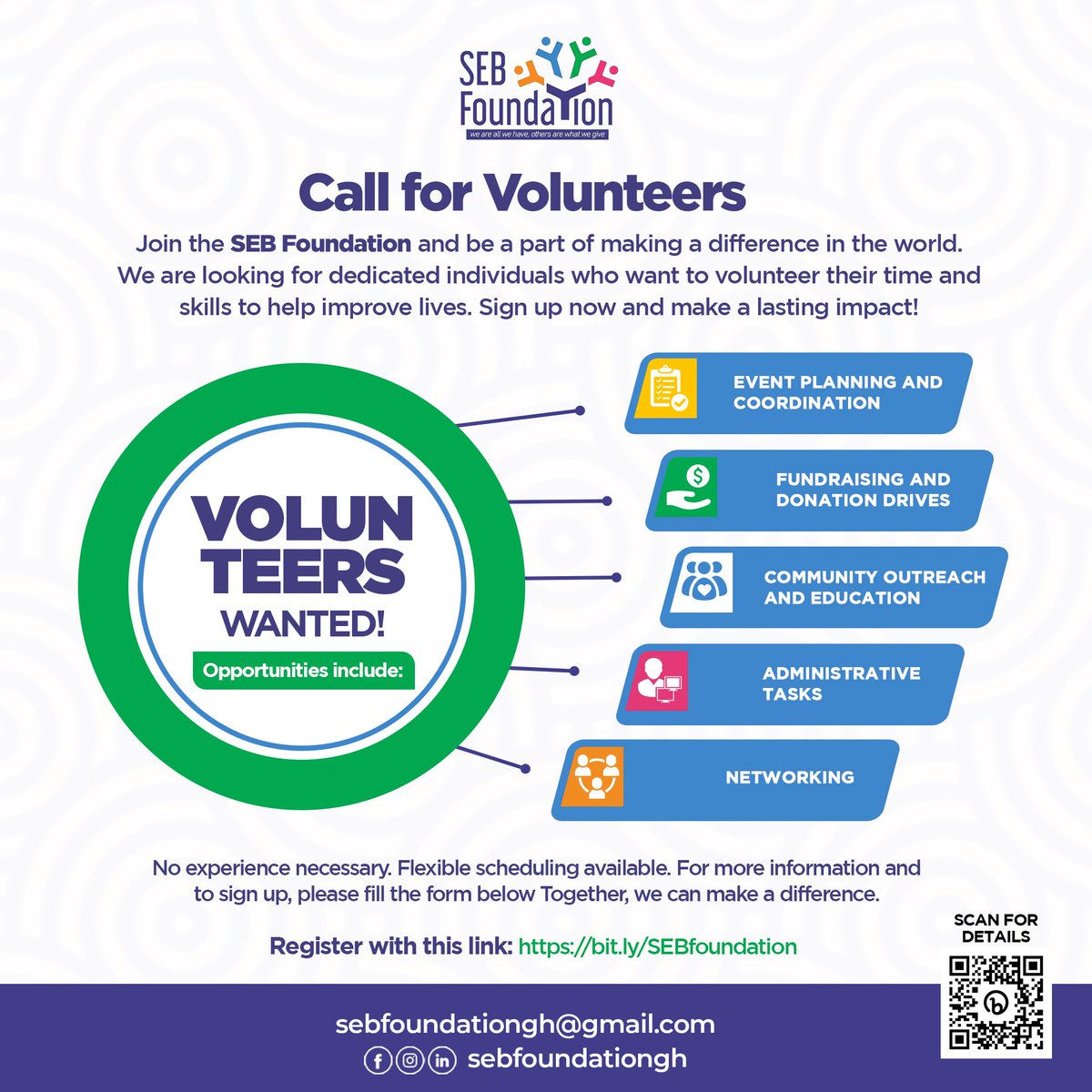 SEB_Foundation's tweet photo. Join the SEB Foundation and be a part of making a difference in the world. We are looking for dedicated individuals who want to volunteer their time and skills to help improve lives. Sign up now and make a lasting impact!"#ghanaians #volunteers #virtual https://t.co/2IlXo7A0zT