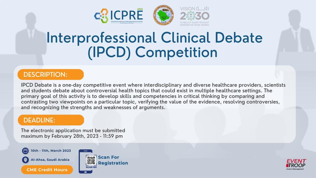 ICPRE_meeting's tweet photo. Call for #ICPRE2023 debaters! 📣

It is the time to cultivate your skills such as critical thinking, reaching evidence-based decisions, communication, and teamwork through IPCD competition!

For further details:
https://t.co/Frf3Y9DQeg https://t.co/7OwPvysAaj