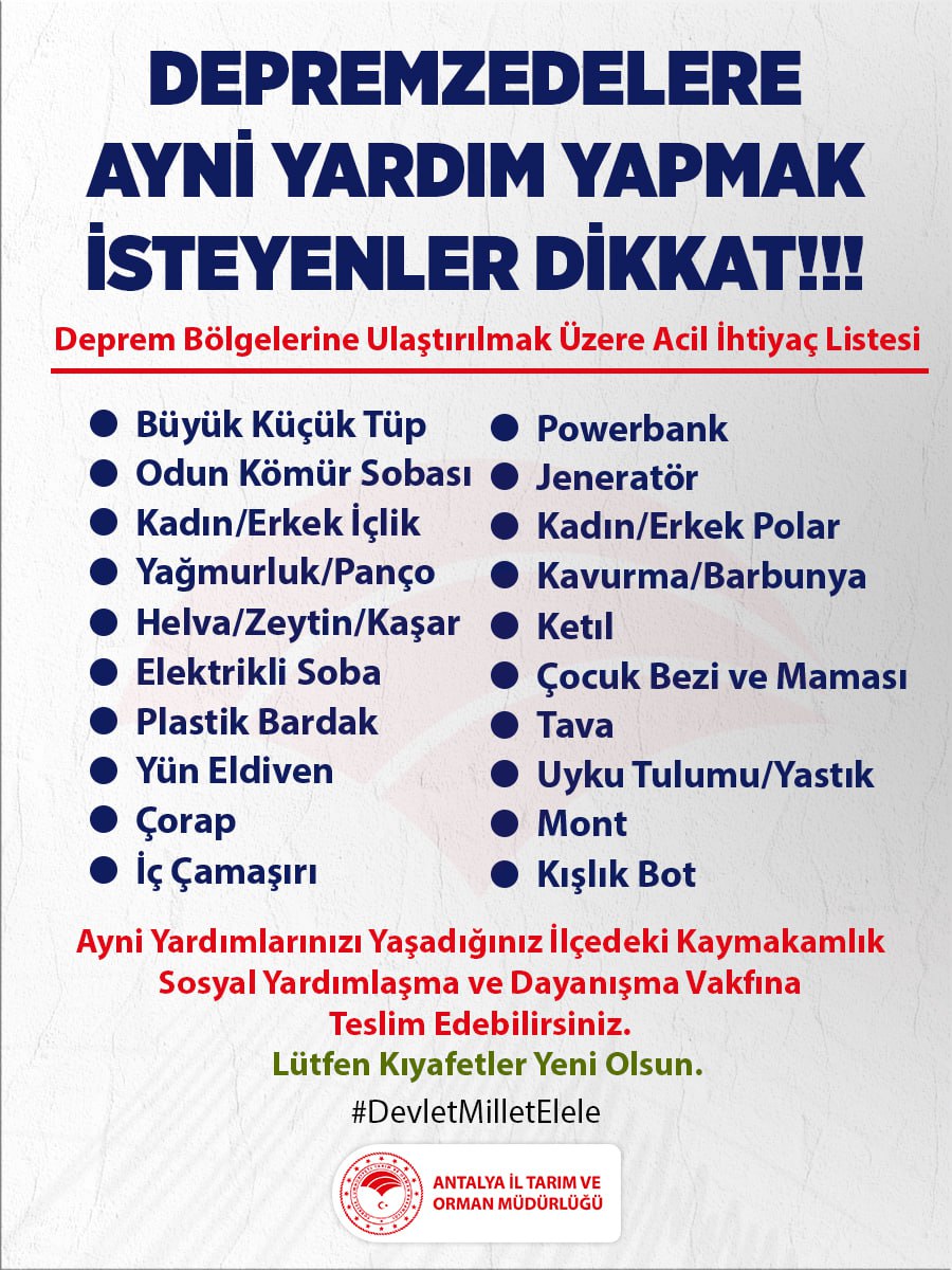 #DevletMilletElele

Deprem bölgesine ayni yardım etmek isteyenler AFAD acil ayni ihtiyaç listesine göre yardımlarını yaşadıkları ilçenin Kaymakamlık Sosyal Yardımlaşma ve Dayanışma Vakfına giderek teslim edebilir.

#GeçmişOlsunTürkiyem

<a href="/gokhankaraca_/">Gökhan Karaca</a> <a href="/ersinyazici1/">Ersin YAZICI</a> <a href="/VahitKirisci/">Prof.Dr.Vahit Kirişci</a>