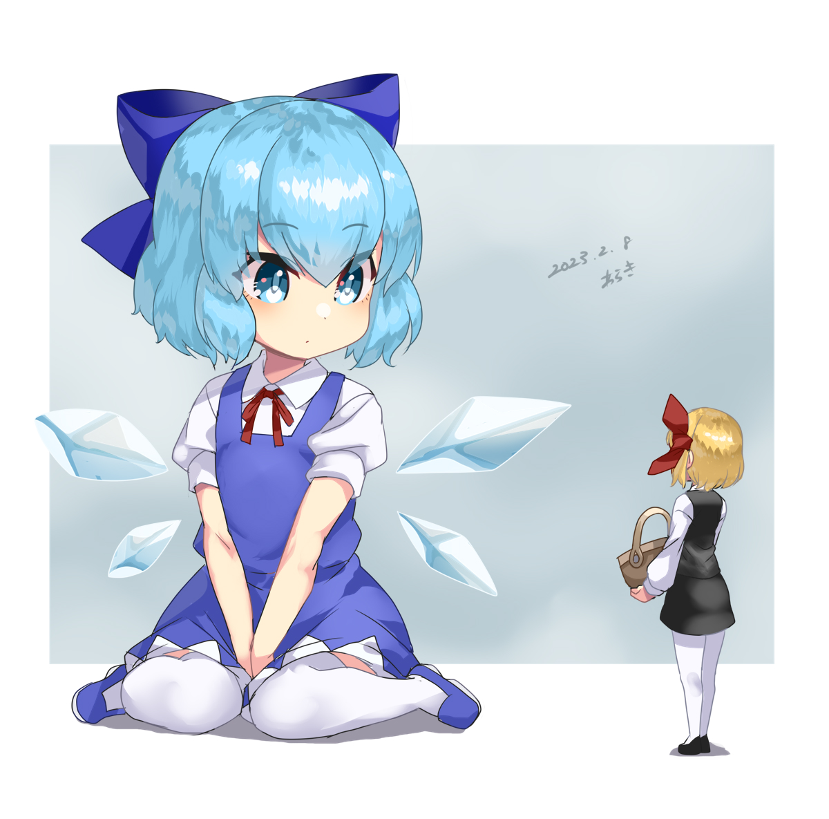 チルノ(東方Project) ,ルーミア(東方プロジェクト) 「≡≡≡c⌒っ・ω・)っ寒さも落ち着いてきているようなのでチルノのサイズも戻りそう」|あらき＠(　ﾟ∀ﾟ)。彡゜のイラスト