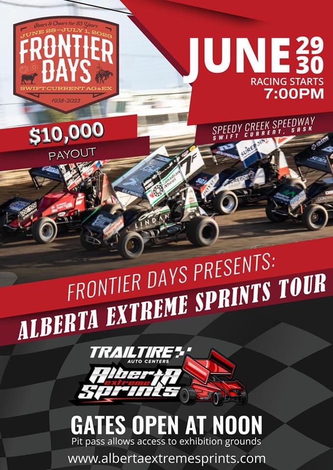 Swift Current Motor Speedway will host the Alberta Extreme Sprints Tour this summer! 🏁 #SCSCA #SwiftCurrentMotorSpeedway #SwiftCurrent #Saskatchewan #FrontierDays #DirtTrackRacing #ExtremeSprints #SprintCarRacing #DirtfromtheStands #PrairieDirt